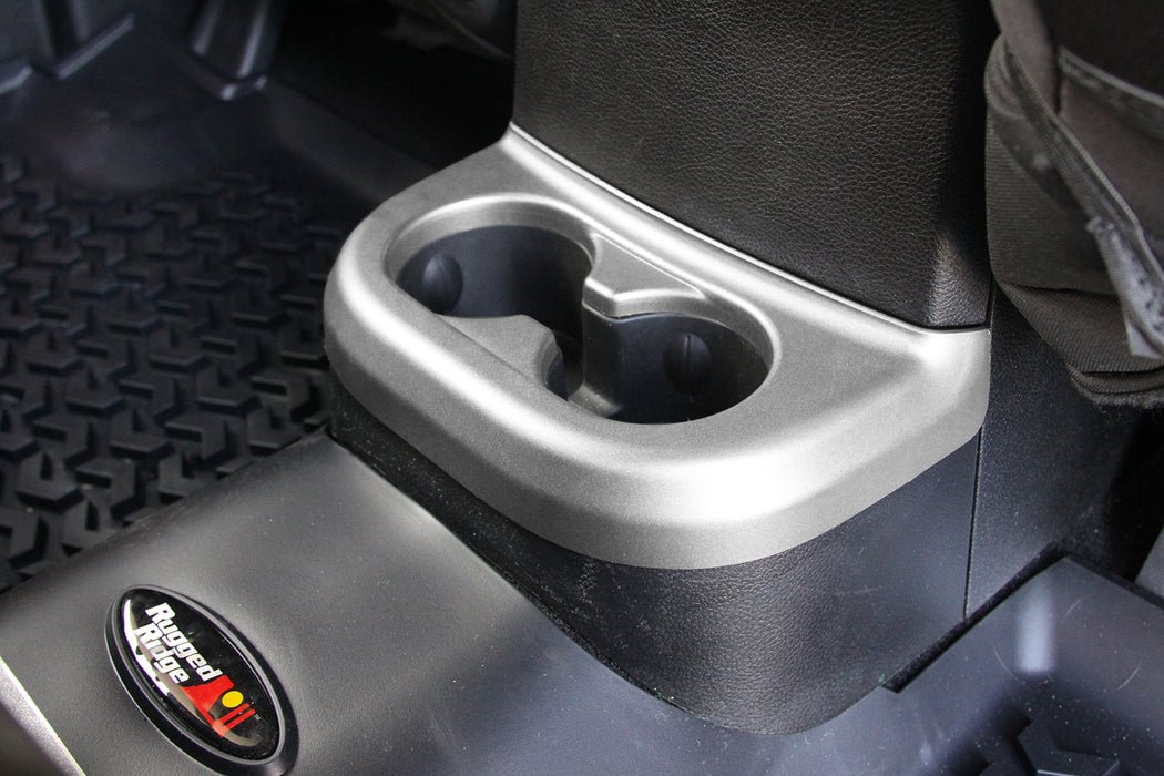 Rugged Ridge Cup Holder Trim | Brushed Silver, 2nd Row | Jeep Wrangler JK (2011-2018) | P/N 11152.18