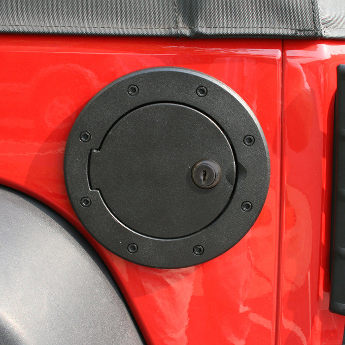 Gas Cap Door, Locking, Black Aluminum; 07-18 Jeep Wrangler JK