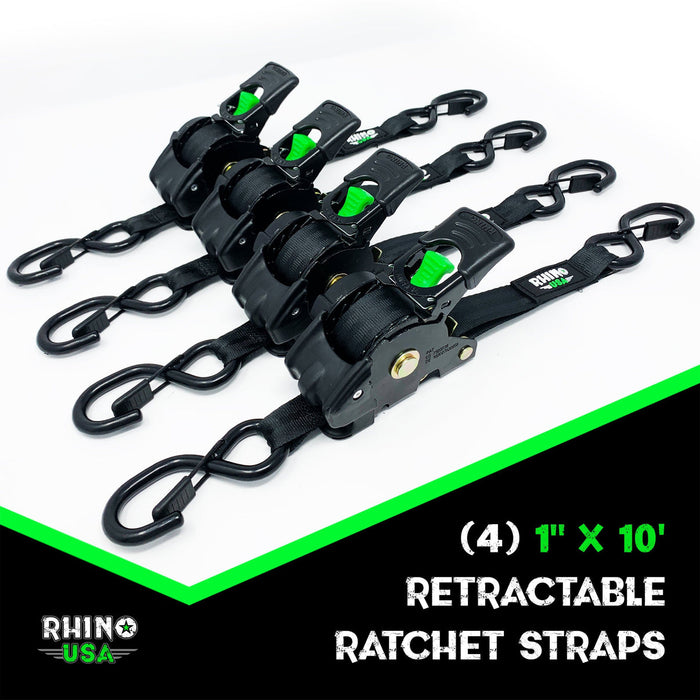 RHINO USA RETRACTABLE RATCHET STRAPS (4PK 1INX10FT) (GREEN)