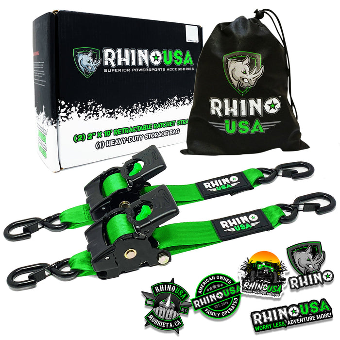 RHINO USA RETRACTABLE RATCHET STRAPS (2PK 2INX10FT) (GREEN)
