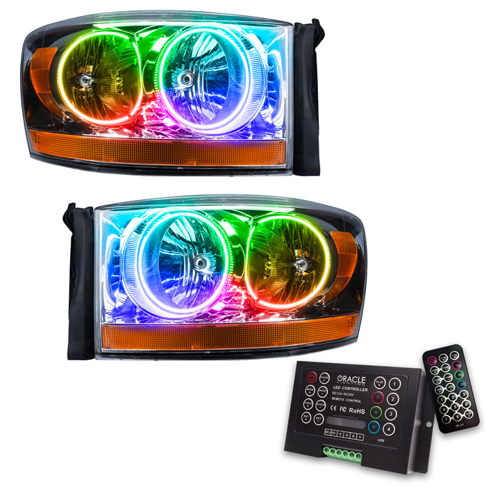 ORACLE 2006 Dodge Ram Pre-Assembled Halo Headlights - (Chrome) - ColorSHIFT - with 2.0 Controller