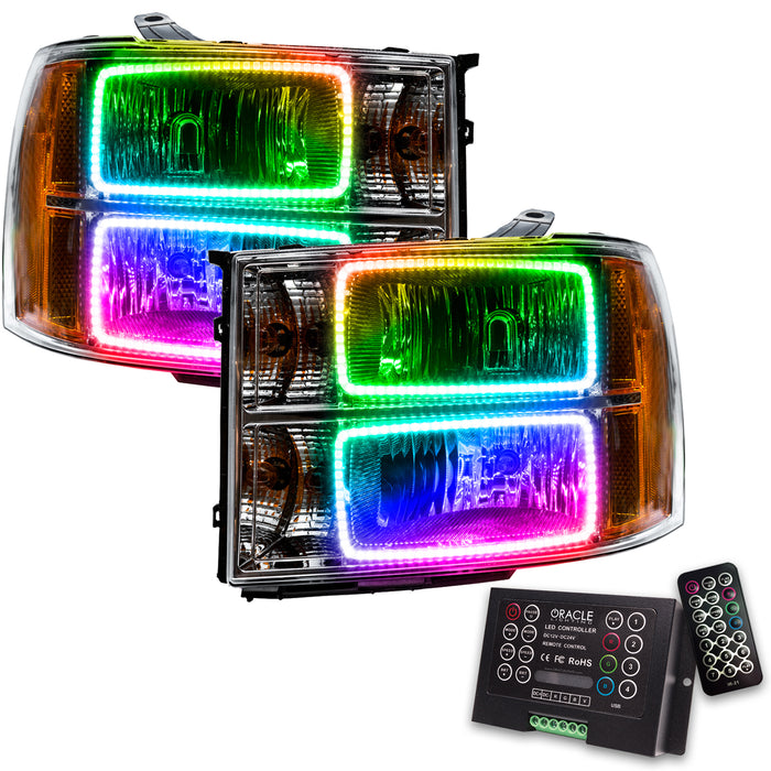 ORACLE 2007-2013 GMC Sierra Pre-Assembled Halo Headlights - (Square Halo) - ColorSHIFT - with 2.0 Controller