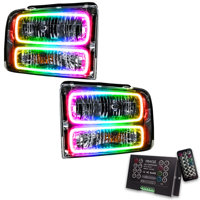 ORACLE 2005-2007 Ford F-250/350 SD Pre-Assembled Halo Headlights - (Chrome) - ColorSHIFT - with 2.0 Controller