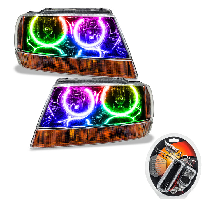 ORACLE 1999-2004 Jeep Grand Cherokee Pre-Assembled Halo Headlights - (Black) - ColorSHIFT - with RF Controller