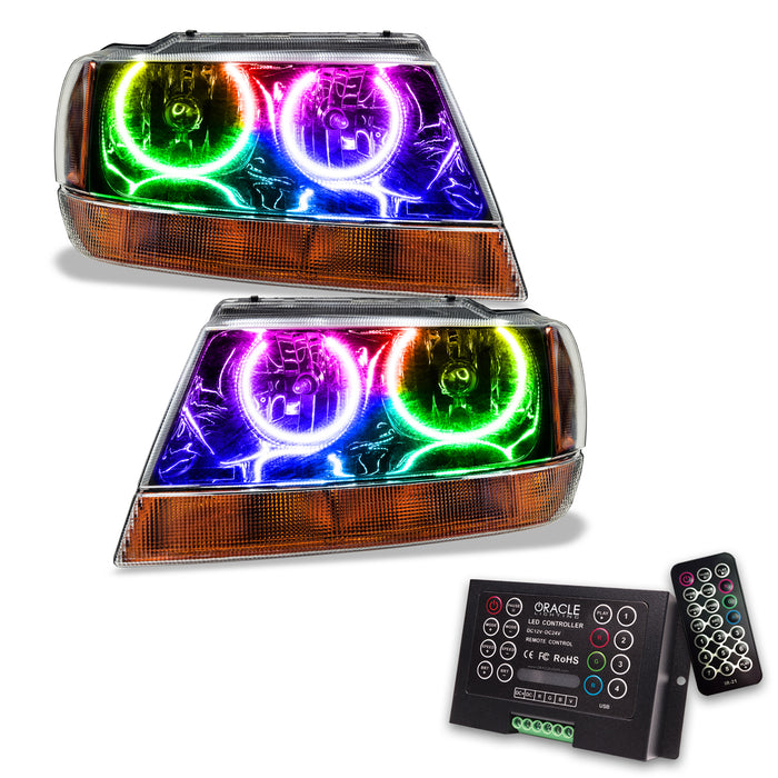 ORACLE 1999-2004 Jeep Grand Cherokee Pre-Assembled Halo Headlights - (Black) - ColorSHIFT - with 2.0 Controller