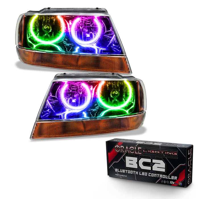 ORACLE 1999-2004 Jeep Grand Cherokee Pre-Assembled Halo Headlights - (Black) - ColorSHIFT - with BC2 Controller