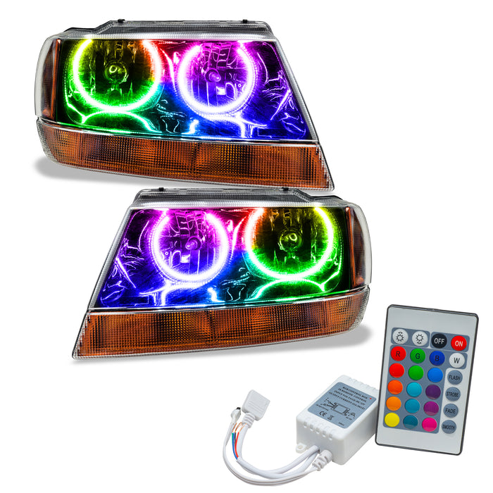 ORACLE 1999-2004 Jeep Grand Cherokee Pre-Assembled Halo Headlights - (Black) - ColorSHIFT - with Simple Controller