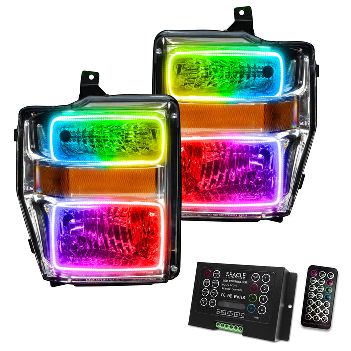 ORACLE 2008-2010 Ford F-250/350 SD Pre-Assembled Halo Headlights - (Chrome) - ColorSHIFT - with 2.0 Controller