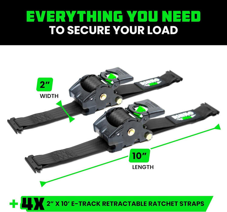 RHINO USA RETRACTABLE E-TRACK RATCHET STRAPS (2 PACK, 2INX10FT) (GREEN)