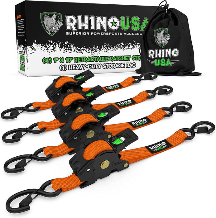 RHINO USA RETRACTABLE RATCHET STRAPS (4PK 1INX10FT) (ORANGE)