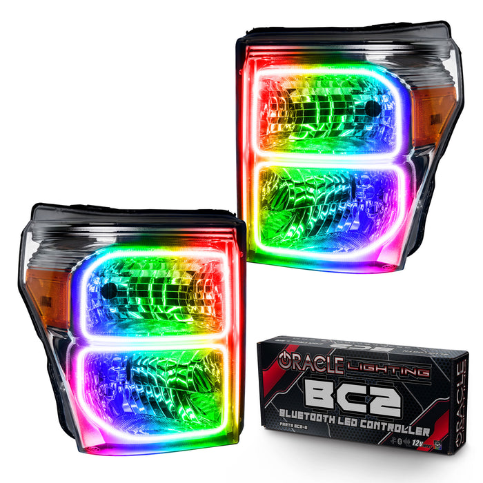 ORACLE 2011-2016 Ford F-250/350 SD Pre-Assembled Halo Headlights - (Chrome) - ColorSHIFT - with BC2 Controller