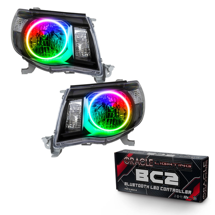 ORACLE 2005-2011 Toyota Tacoma Pre-Assembled Halo Headlights - (Black) - ColorSHIFT - with BC2 Controller