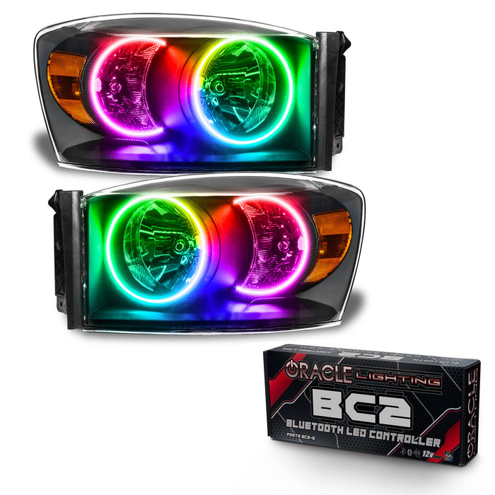 ORACLE 2007-2008 Dodge Ram Pre-Assembled Halo Headlights - (Black) - ColorSHIFT - with BC2 Controller