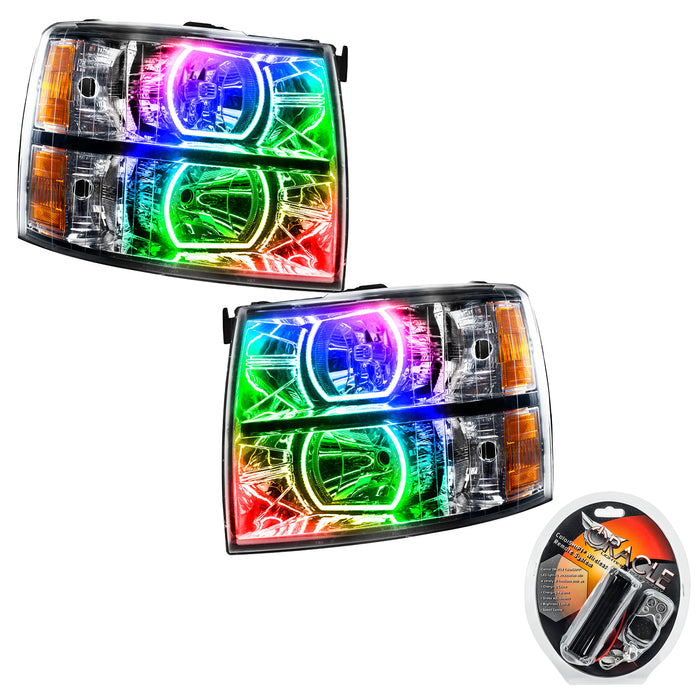 ORACLE 2007-2013 Chevrolet Silverado Pre-Assembled Square Halo Headlights - (Chrome) - ColorSHIFT - with RF Controller