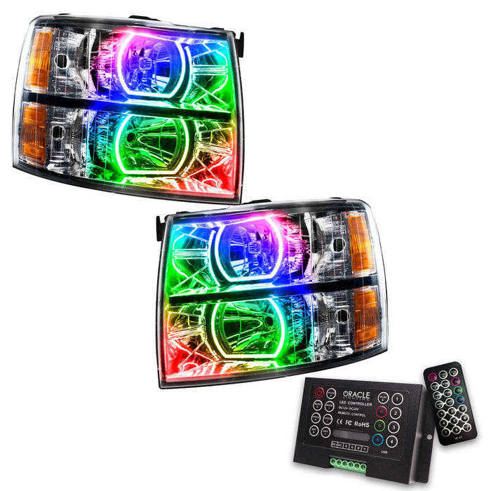 ORACLE 2007-2013 Chevrolet Silverado Pre-Assembled Square Halo Headlights - (Chrome) - ColorSHIFT - with 2.0 Controller