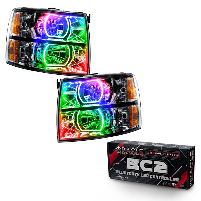 ORACLE 2007-2013 Chevrolet Silverado Pre-Assembled Square Halo Headlights - (Black) - ColorSHIFT - with BC2 Controller