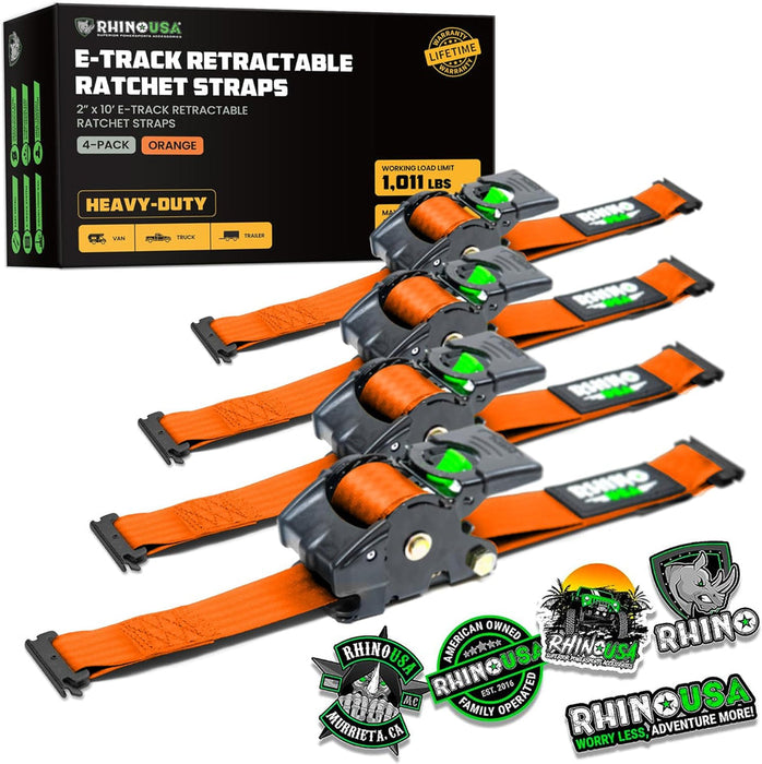 RHINO USA RETRACTABLE E-TRACK RATCHET STRAPS (4 PACK, 2INX10FT) (ORANGE)
