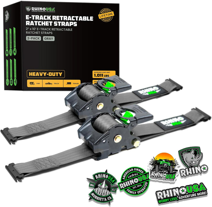 RHINO USA RETRACTABLE E-TRACK RATCHET STRAPS (2 PACK, 2INX10FT) (GRAY)