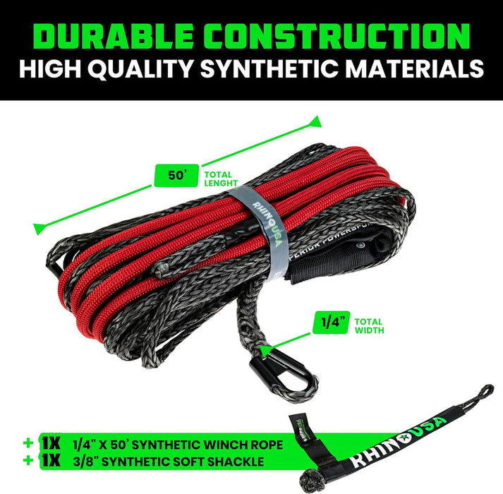 RHINO USA REFLECTIVE SYNTHETIC WINCH ROPE 1/4" X 50' - BLACK