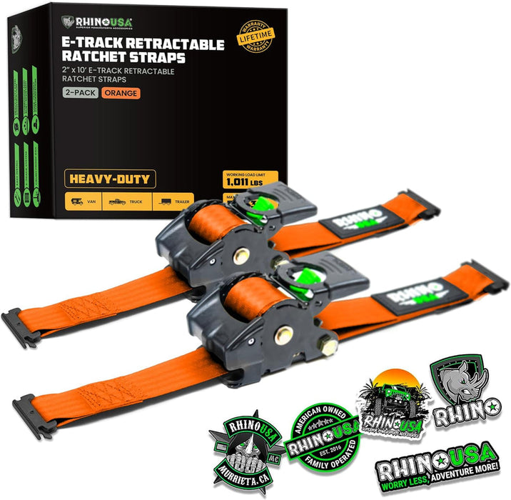 RHINO USA RETRACTABLE E-TRACK RATCHET STRAPS (2 PACK, 2INX10FT) (ORANGE)