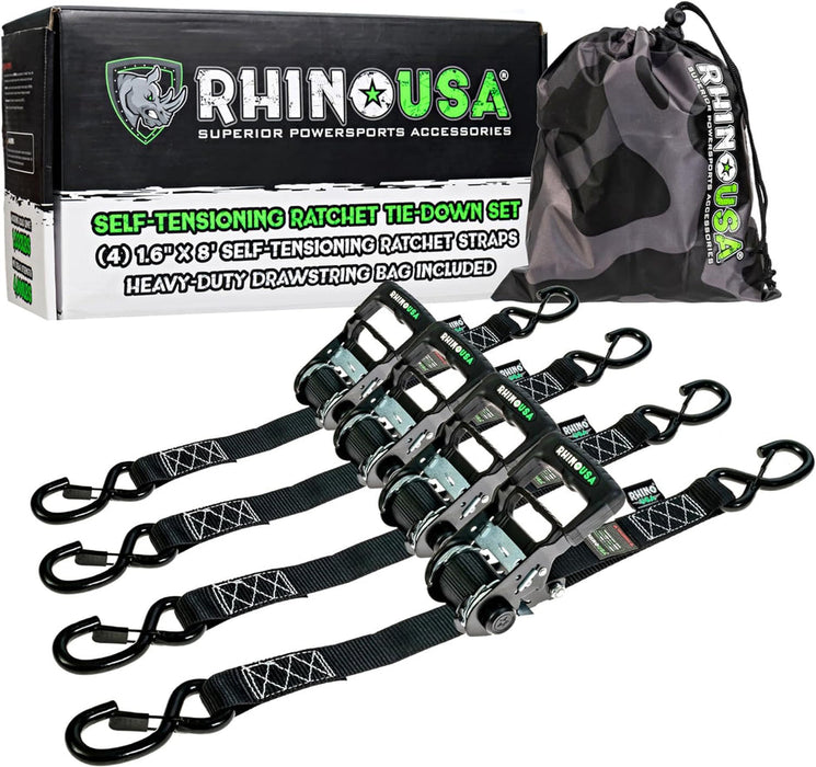 RHINO USA SELF-TENSIONING RATCHET STRAPS (4PK 1.6INX8FT) (BLACK)