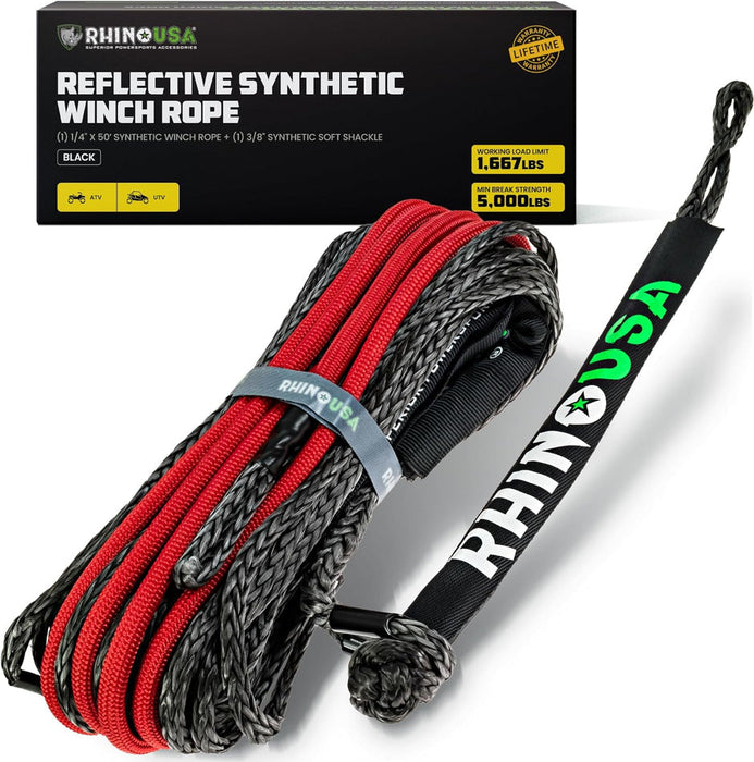 RHINO USA REFLECTIVE SYNTHETIC WINCH ROPE 1/4" X 50' - BLACK