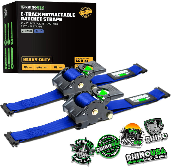 RHINO USA RETRACTABLE E-TRACK RATCHET STRAPS (2 PACK, 2INX10FT) (BLUE)