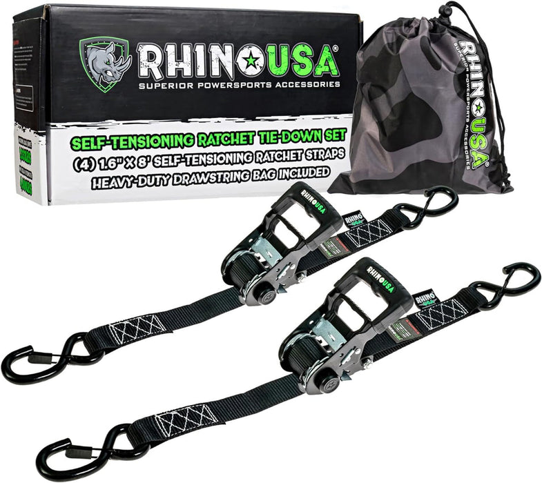 RHINO USA SELF-TENSIONING RATCHET STRAPS (2PK 1.6INX8FT) (BLACK)