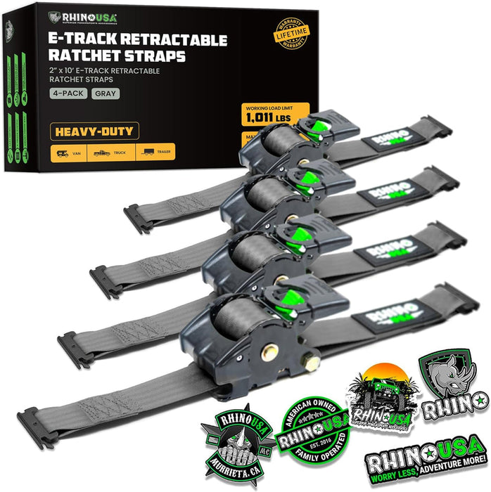 RHINO USA RETRACTABLE E-TRACK RATCHET STRAPS (4 PACK, 2INX10FT) (GRAY)