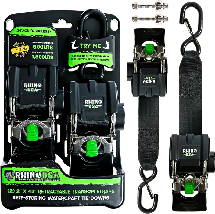 Rhino USA Retractable Transom Straps | 2 Pack, Stainless | P/N TD-MSTR2X43-STNLS