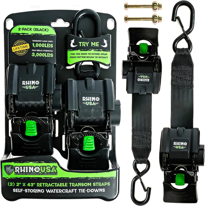Rhino USA Retractable Transom Straps | 2 Pack, Black | P/N TD-MSTR2X43-BLK