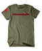 Army Green Jeep® Wrangler T-Shirt with black Wrangler logo outlined in bold red across the chest and Jeep® American flag print on the sleeve.