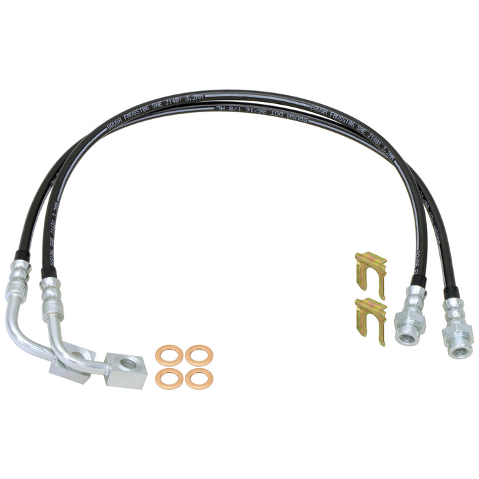 RockJock Brake Hose Kit, JK Rear, Incl. Frame Tabs, Clips, Copper Washers, For Use w/o Antirock System, 23.5 in. Long, Pair