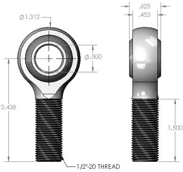 1/2" x 1/2" Rod End Dimensions