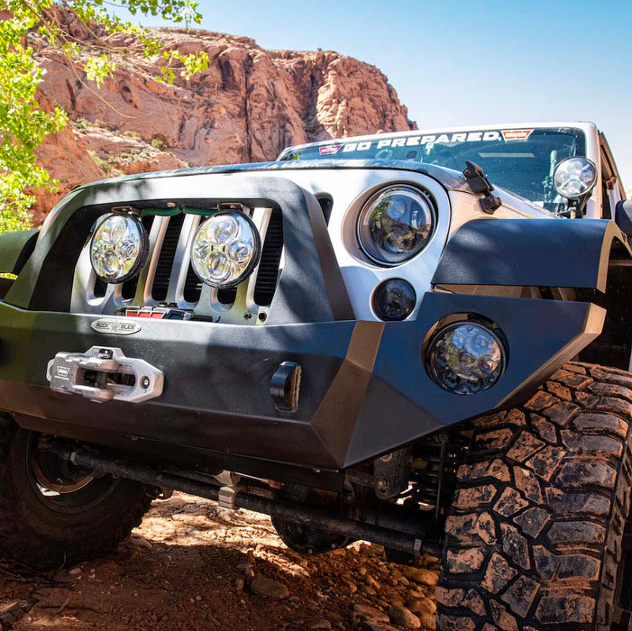 Jeep JK Full Front Bumper For 07-18 Wrangler JK With Winch Plate Bull Bar Black Powdercoated Rigid Series Rock Slide Engineering