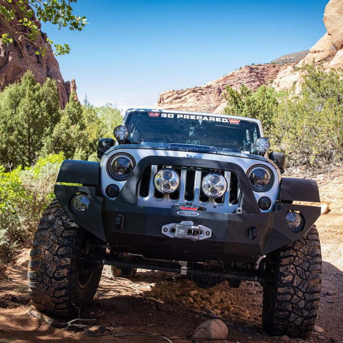 Jeep JK Full Front Bumper For 07-18 Wrangler JK With Winch Plate Bull Bar Black Powdercoated Rigid Series Rock Slide Engineering