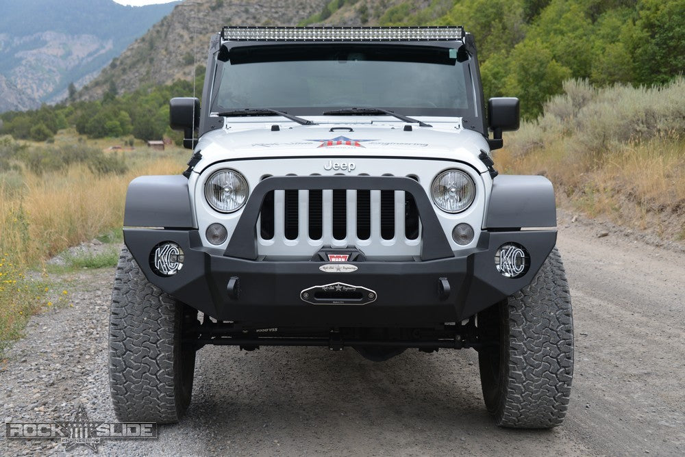 Jeep JK Full Front Bumper For 07-18 Wrangler JK With Winch Plate Bull Bar Black Powdercoated Rigid Series Rock Slide Engineering