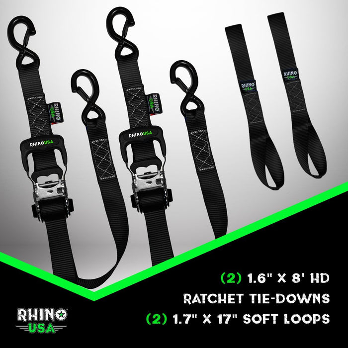 1.6" X 8' RHINO USA HEAVY DUTY RATCHET TIE-DOWNS 2-PACK (GREEN)