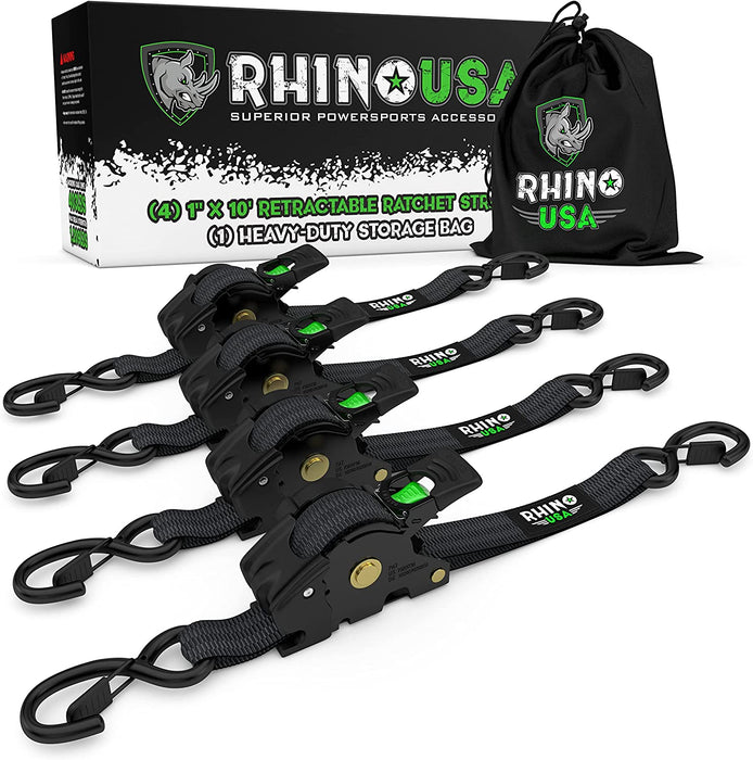 Rhino USA RETRACTABLE-1X10-4PK RHINO USA RETRACTABLE RATCHET STRAPS (4PK 1INX10FT) (BLACK)