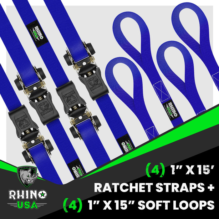 RHINO USA MEDIUM DUTY RATCHET STRAP TIE-DOWN 4-PACK (BLUE)