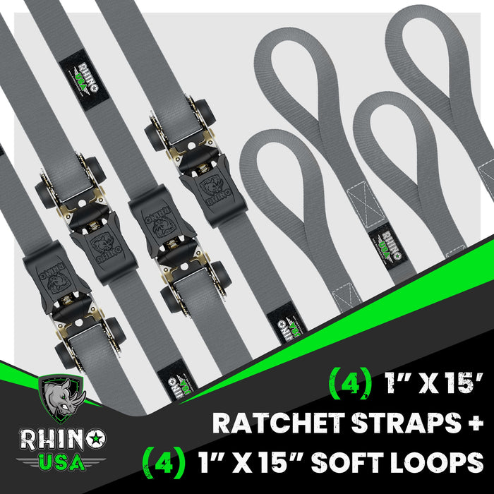 RHINO USA MEDIUM DUTY RATCHET STRAP TIE-DOWN 4-PACK (GRAY)