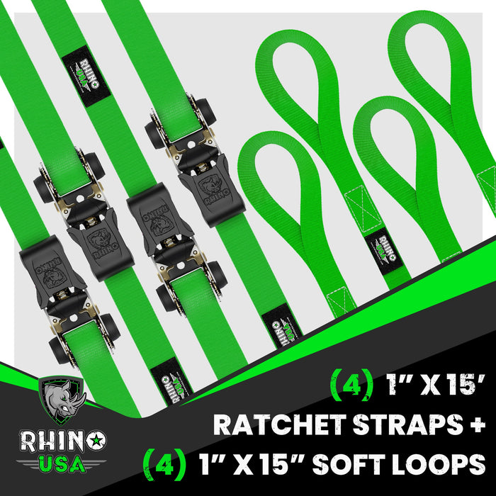 RHINO USA MEDIUM DUTY RATCHET STRAP TIE-DOWN 4-PACK (GREEN)