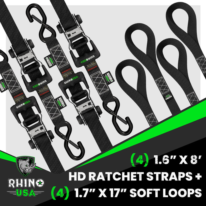 1.6" X 8' RHINO USA HEAVY DUTY RATCHET TIE-DOWN 4-PACK (BLACK)