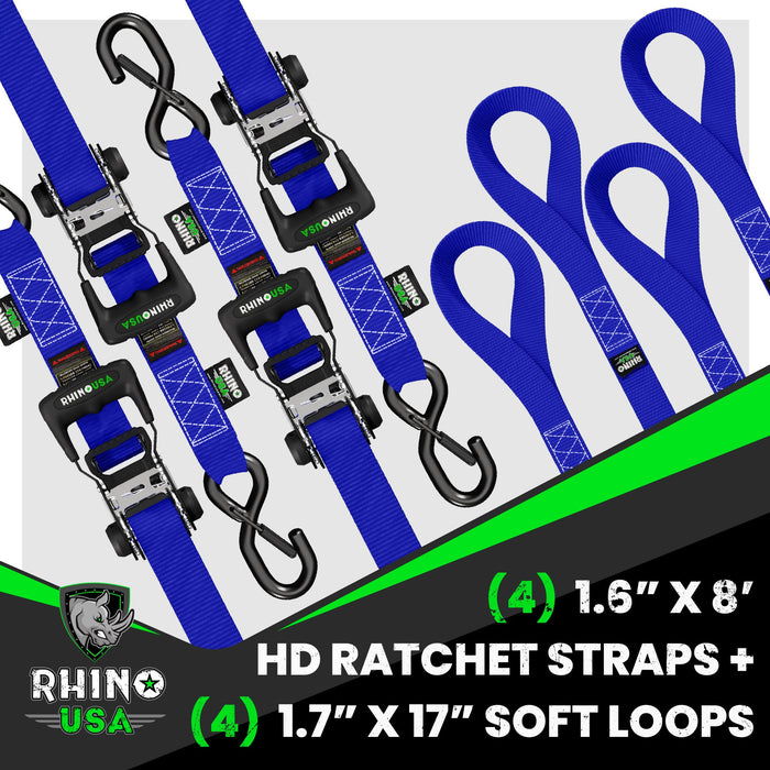 1.6" X 8' RHINO USA HEAVY DUTY RATCHET TIE-DOWN 4-PACK (BLUE)