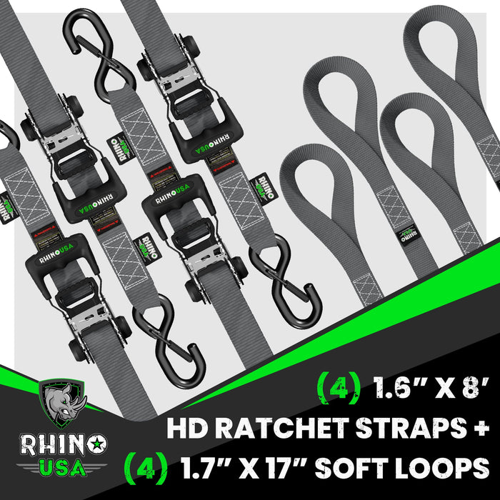 1.6" X 8' RHINO USA HEAVY DUTY RATCHET TIE-DOWN 4-PACK (GRAY)