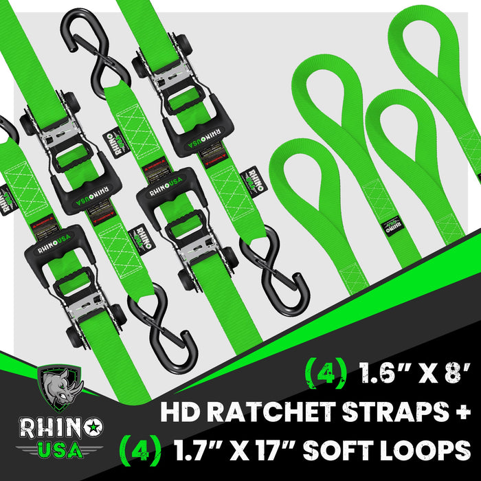 1.6" X 8' RHINO USA HEAVY DUTY RATCHET TIE-DOWN 4-PACK (GREEN)