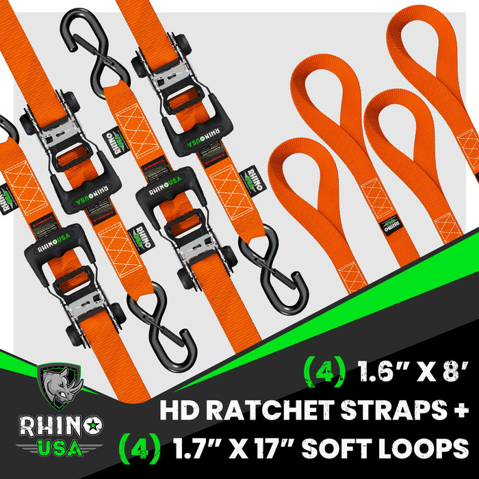 1.6" X 8' RHINO USA HEAVY DUTY RATCHET TIE-DOWN 4-PACK (ORANGE)