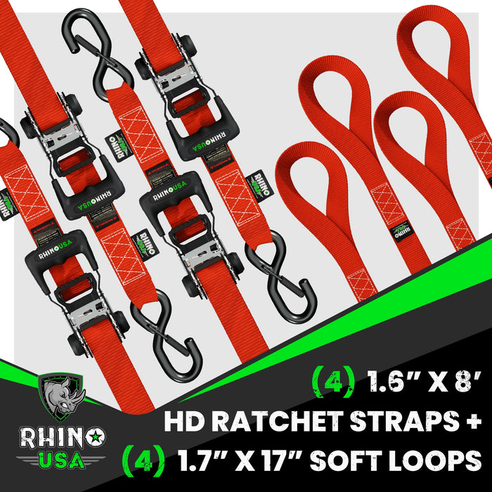 1.6" X 8' RHINO USA HEAVY DUTY RATCHET TIE-DOWN 4-PACK (RED)