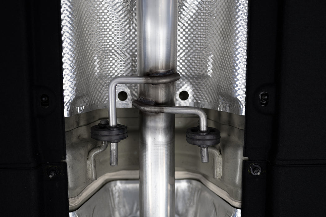 T304 Stainless Steel 2.5" Cat-Back, Dual Split Rear, Quad Outlet with Carbon Fiber Tips, Street Profile, view 4