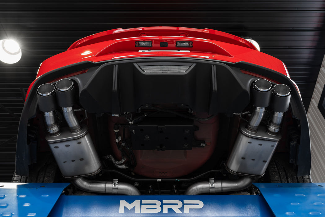 MBRP T304 Stainless Steel 3" Cat Back Dual Quad Split Rear Exit with Carbon Fiber Tips, Mustang GT 5.0L, view 2